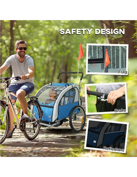 HOMCOM 2 Seat Bike Trailer with 5 Point Harness, Baby Bike Stroller with Safety Flag, Reflectors, for 18+ Months, Blue