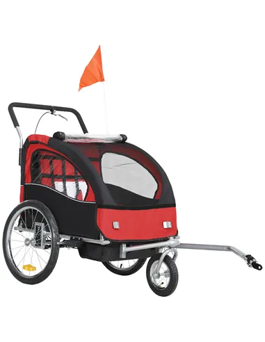 HOMCOM 2 Seat Bike Trailer with 5 Point Harness, Baby Bike Stroller with Safety Flag, Reflectors, for 18+ Months, Red
