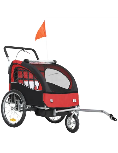 HOMCOM 2 Seat Bike Trailer with 5 Point Harness, Baby Bike Stroller with Safety Flag, Reflectors, for 18+ Months, Red