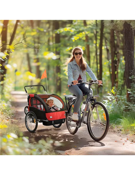 HOMCOM 2 Seat Bike Trailer with 5 Point Harness, Baby Bike Stroller with Safety Flag, Reflectors, for 18+ Months, Red