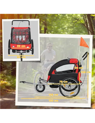 HOMCOM 2 Seat Bike Trailer with 5 Point Harness, Baby Bike Stroller with Safety Flag, Reflectors, for 18+ Months, Red