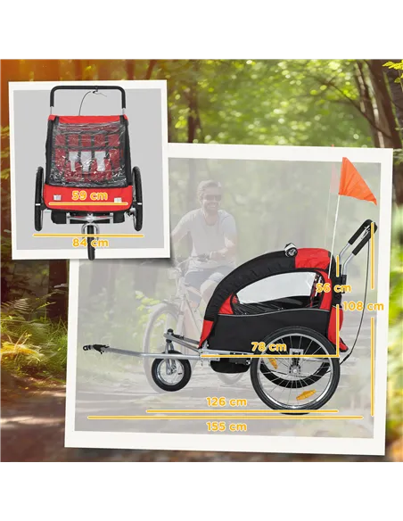 HOMCOM 2 Seat Bike Trailer with 5 Point Harness, Baby Bike Stroller with Safety Flag, Reflectors, for 18+ Months, Red