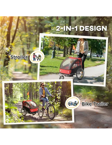 HOMCOM 2 Seat Bike Trailer with 5 Point Harness, Baby Bike Stroller with Safety Flag, Reflectors, for 18+ Months, Red