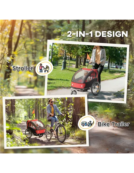 HOMCOM 2 Seat Bike Trailer with 5 Point Harness, Baby Bike Stroller with Safety Flag, Reflectors, for 18+ Months, Red