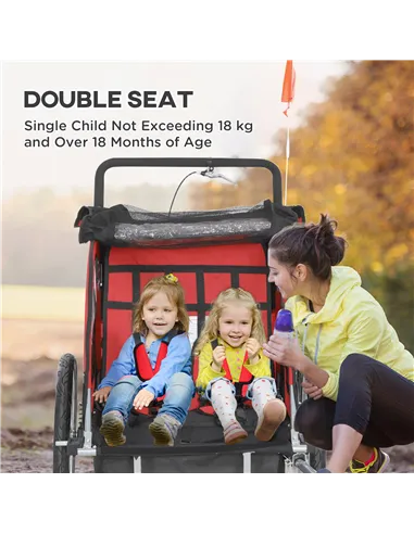 HOMCOM 2 Seat Bike Trailer with 5 Point Harness, Baby Bike Stroller with Safety Flag, Reflectors, for 18+ Months, Red