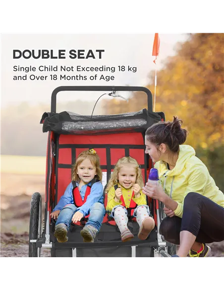 HOMCOM 2 Seat Bike Trailer with 5 Point Harness, Baby Bike Stroller with Safety Flag, Reflectors, for 18+ Months, Red