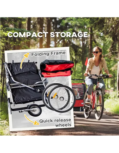 HOMCOM 2 Seat Bike Trailer with 5 Point Harness, Baby Bike Stroller with Safety Flag, Reflectors, for 18+ Months, Red