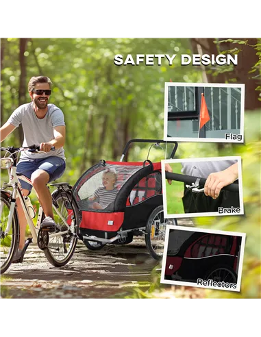 HOMCOM 2 Seat Bike Trailer with 5 Point Harness, Baby Bike Stroller with Safety Flag, Reflectors, for 18+ Months, Red