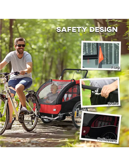 HOMCOM 2 Seat Bike Trailer with 5 Point Harness, Baby Bike Stroller with Safety Flag, Reflectors, for 18+ Months, Red