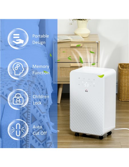 HOMCOM 2000mL Portable Dehumidifier with Air Purifier, 24H Timer, 5 Modes, 10L/Day, for Home Laundry, White