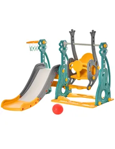 HOMCOM 3-IN-1 Kids Swing and Slide Set with Basketball Hoop Slide Swing Adjustable Seat Height Toddler Playground Activity Cente