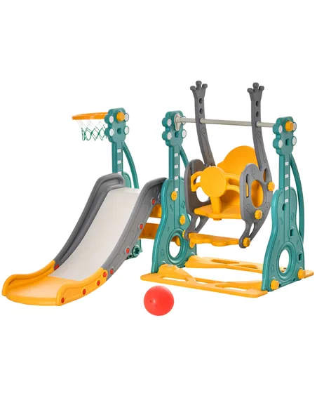 HOMCOM 3-IN-1 Kids Swing and Slide Set with Basketball Hoop Slide Swing Adjustable Seat Height Toddler Playground Activity Cente