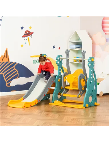 HOMCOM 3-IN-1 Kids Swing and Slide Set with Basketball Hoop Slide Swing Adjustable Seat Height Toddler Playground Activity Cente