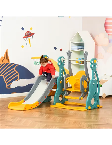 HOMCOM 3-IN-1 Kids Swing and Slide Set with Basketball Hoop Slide Swing Adjustable Seat Height Toddler Playground Activity Cente