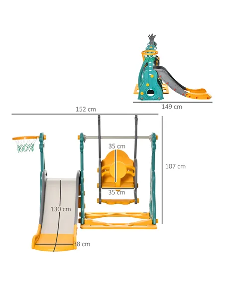 HOMCOM 3-IN-1 Kids Swing and Slide Set with Basketball Hoop Slide Swing Adjustable Seat Height Toddler Playground Activity Cente