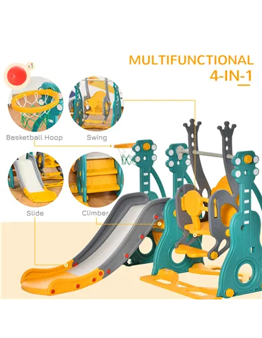 HOMCOM 3-IN-1 Kids Swing and Slide Set with Basketball Hoop Slide Swing Adjustable Seat Height Toddler Playground Activity Cente