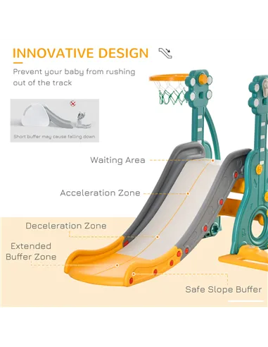 HOMCOM 3-IN-1 Kids Swing and Slide Set with Basketball Hoop Slide Swing Adjustable Seat Height Toddler Playground Activity Cente