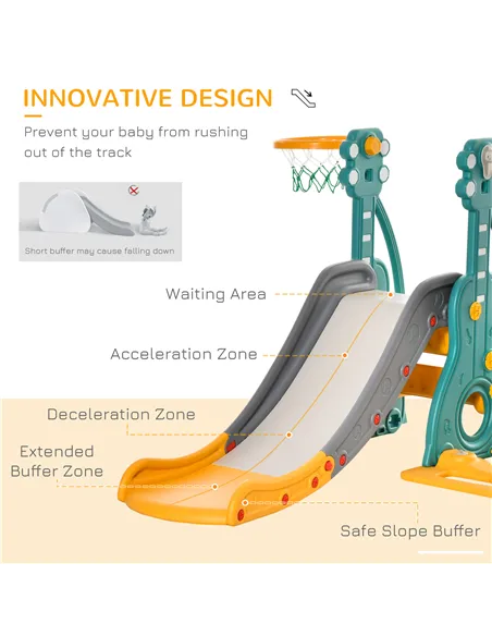 HOMCOM 3-IN-1 Kids Swing and Slide Set with Basketball Hoop Slide Swing Adjustable Seat Height Toddler Playground Activity Cente