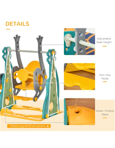 HOMCOM 3-IN-1 Kids Swing and Slide Set with Basketball Hoop Slide Swing Adjustable Seat Height Toddler Playground Activity Cente
