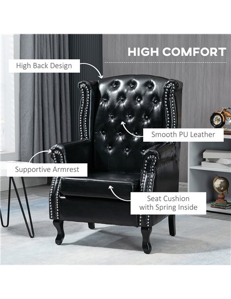 HOMCOM Wingback Accent Chair Tufted Chesterfield-style Armchair with Nail Head Trim for Living Room Bedroom Black