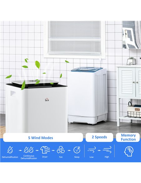 HOMCOM 3500mL Portable Dehumidifier with Air Purifier, 24H Timer, 5 Modes, 16L/Day, for Home Laundry, White