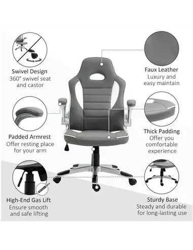 Vinsetto Computer Gaming Chair, Office Desk Swivel Chair, PU Leather Racing Chair with 90° Flip-up Armrest, Adjustable Height an