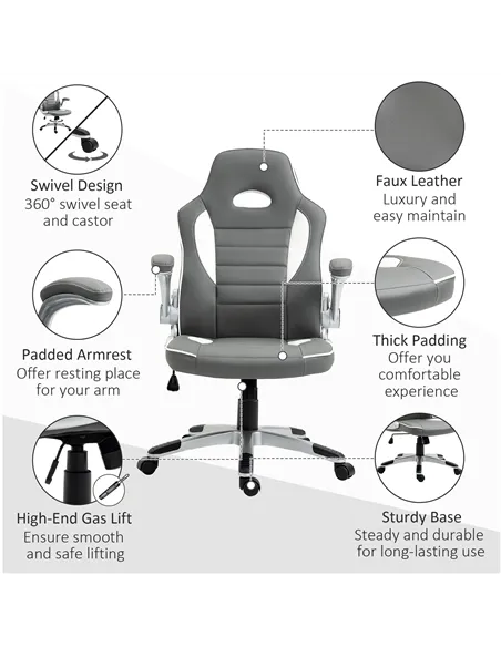 Vinsetto Computer Gaming Chair, Office Desk Swivel Chair, PU Leather Racing Chair with 90° Flip-up Armrest, Adjustable Height an