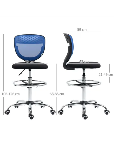 Vinsetto Drafting Chair, Swivel Office Draughtsman Chair, Mesh Standing Desk Chair with Adjustable Foot Ring, Armless, Dark Blue