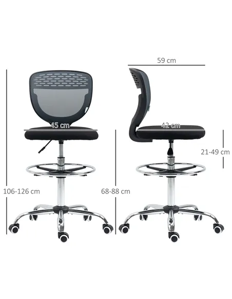 Vinsetto Drafting Chair, Swivel Office Draughtsman Chair, Mesh Standing Desk Chair with Adjustable Foot Ring, Armless, Grey
