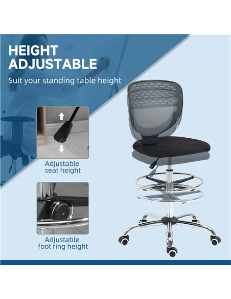 Vinsetto Drafting Chair, Swivel Office Draughtsman Chair, Mesh Standing Desk Chair with Adjustable Foot Ring, Armless, Grey