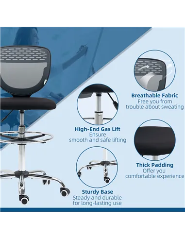 Vinsetto Drafting Chair, Swivel Office Draughtsman Chair, Mesh Standing Desk Chair with Adjustable Foot Ring, Armless, Grey