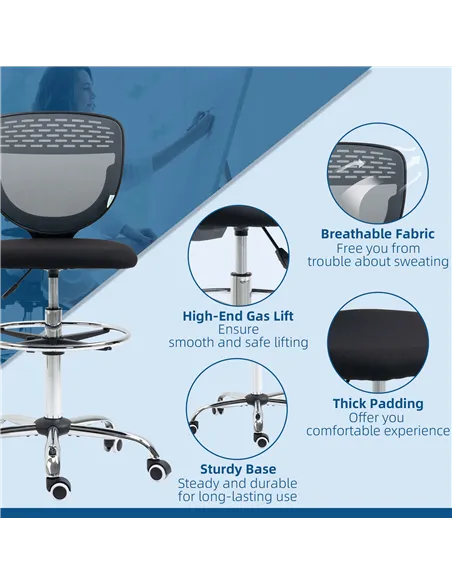 Vinsetto Drafting Chair, Swivel Office Draughtsman Chair, Mesh Standing Desk Chair with Adjustable Foot Ring, Armless, Grey
