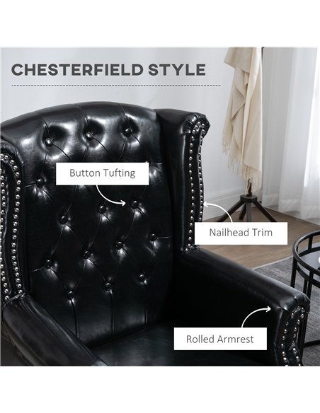 HOMCOM Wingback Accent Chair Tufted Chesterfield-style Armchair with Nail Head Trim for Living Room Bedroom Black