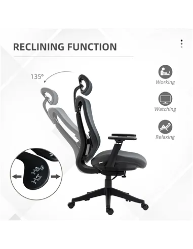 Vinsetto Mesh Office Chair, Ergonomic Desk Chair, Computer Chair with Adjustable Headrest and Lumbar Support, 135° Reclining Bac