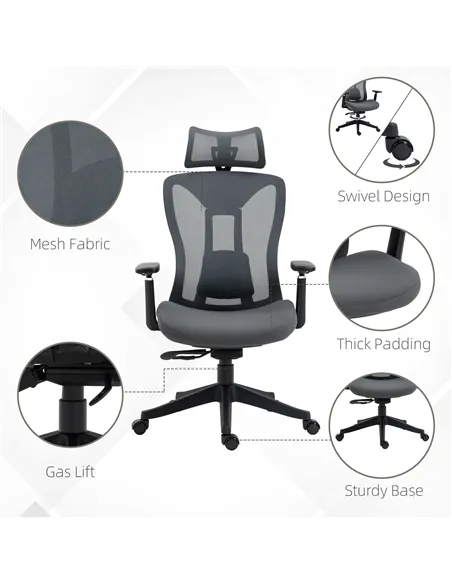 Vinsetto Mesh Office Chair, Ergonomic Desk Chair, Computer Chair with Adjustable Headrest and Lumbar Support, 135° Reclining Bac