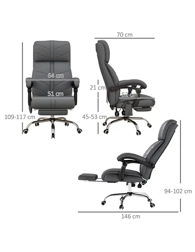 Vinsetto High Back Vibration Massage Office Chair, Heated Reclining PU Leather Computer Chair with Footrest, Grey
