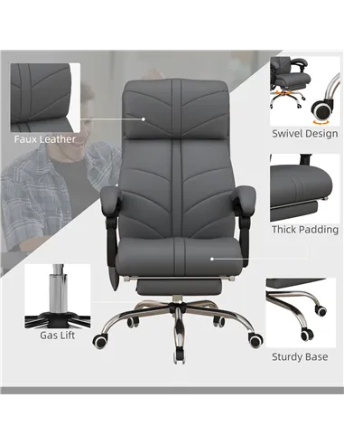 Vinsetto High Back Vibration Massage Office Chair, Heated Reclining PU Leather Computer Chair with Footrest, Grey