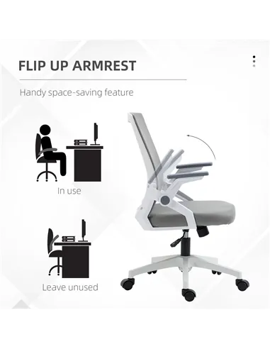 Vinsetto Mesh Office Chair, Desk Chair with Lumbar Support, Flip-up Armrest, Swivel Wheels, Adjustable Height, Grey