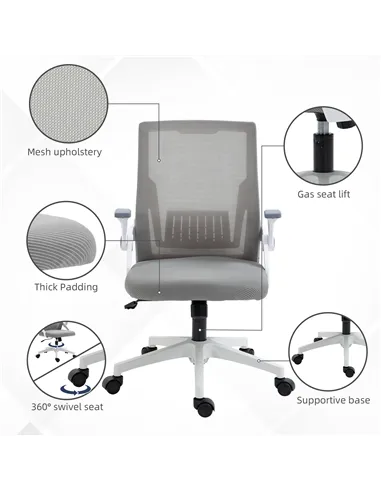 Vinsetto Mesh Office Chair, Desk Chair with Lumbar Support, Flip-up Armrest, Swivel Wheels, Adjustable Height, Grey