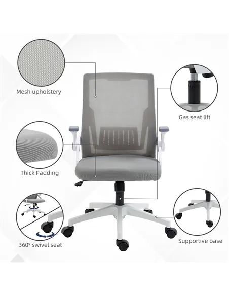 Vinsetto Mesh Office Chair, Desk Chair with Lumbar Support, Flip-up Armrest, Swivel Wheels, Adjustable Height, Grey