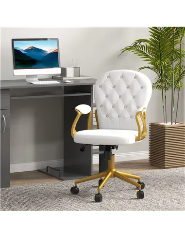 Vinsetto Height Adjustable Home Office Chair, Button Tufted Computer Chair with Padded Armrests and Tilt Function, Cream White