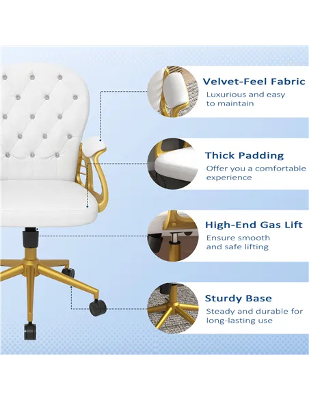 Vinsetto Height Adjustable Home Office Chair, Button Tufted Computer Chair with Padded Armrests and Tilt Function, Cream White