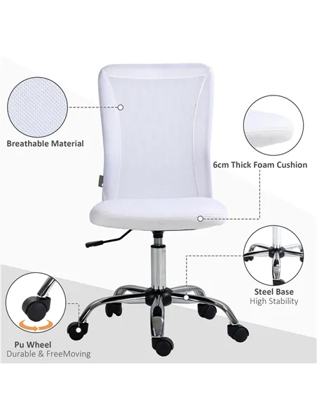 Vinsetto Computer Desk Chair, Mesh Office Chair with Adjustable Height and Swivel Wheels, Armless Study Chair, White