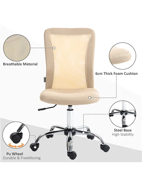 Vinsetto Computer Desk Chair, Mesh Office Chair with Adjustable Height and Swivel Wheels, Armless Study Chair, Beige