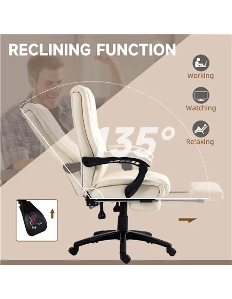 Vinsetto PU Leather Office Chair, Swivel Computer Chair with Footrest, Wheels, Adjustable Height, Cream White