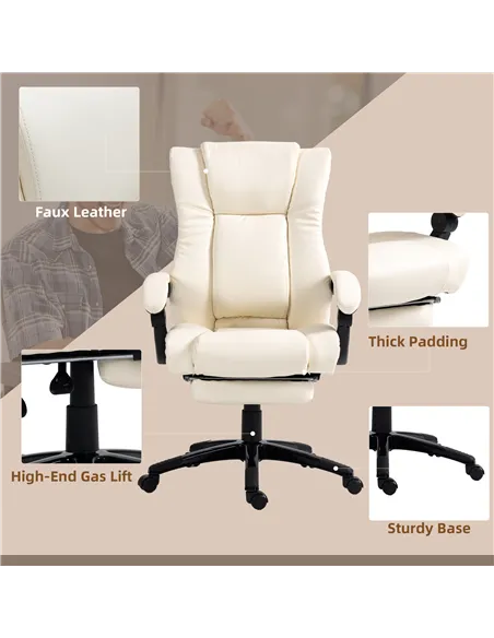 Vinsetto PU Leather Office Chair, Swivel Computer Chair with Footrest, Wheels, Adjustable Height, Cream White