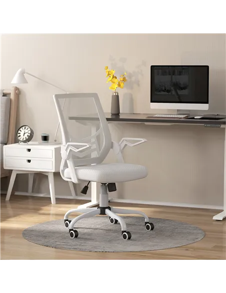 Vinsetto Mesh Office Chair, Computer Desk Chair with Flip-up Armrests, Lumbar Back Support and Swivel Wheels, White
