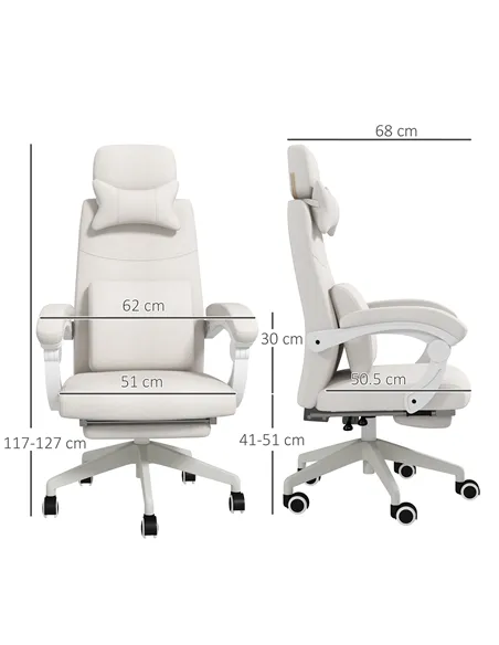 Vinsetto Linen-Look Office Chair, with 160° Reclining Back and Footrest - White