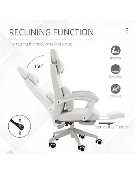Vinsetto Linen-Look Office Chair, with 160° Reclining Back and Footrest - White