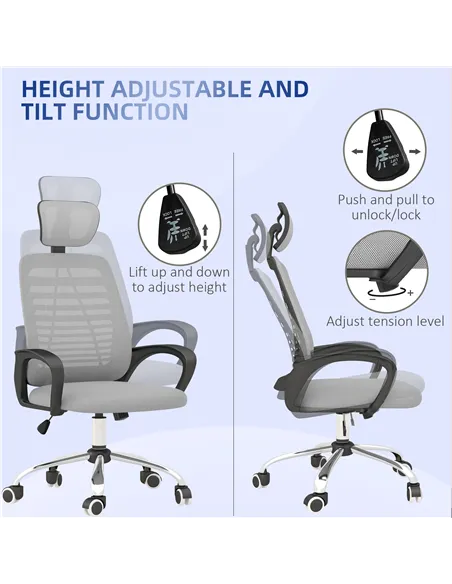 Vinsetto Ergonomic Office Chair, Mesh Desk Chair with Rotatable Headrest, Lumbar Back Support, Armrest, Grey